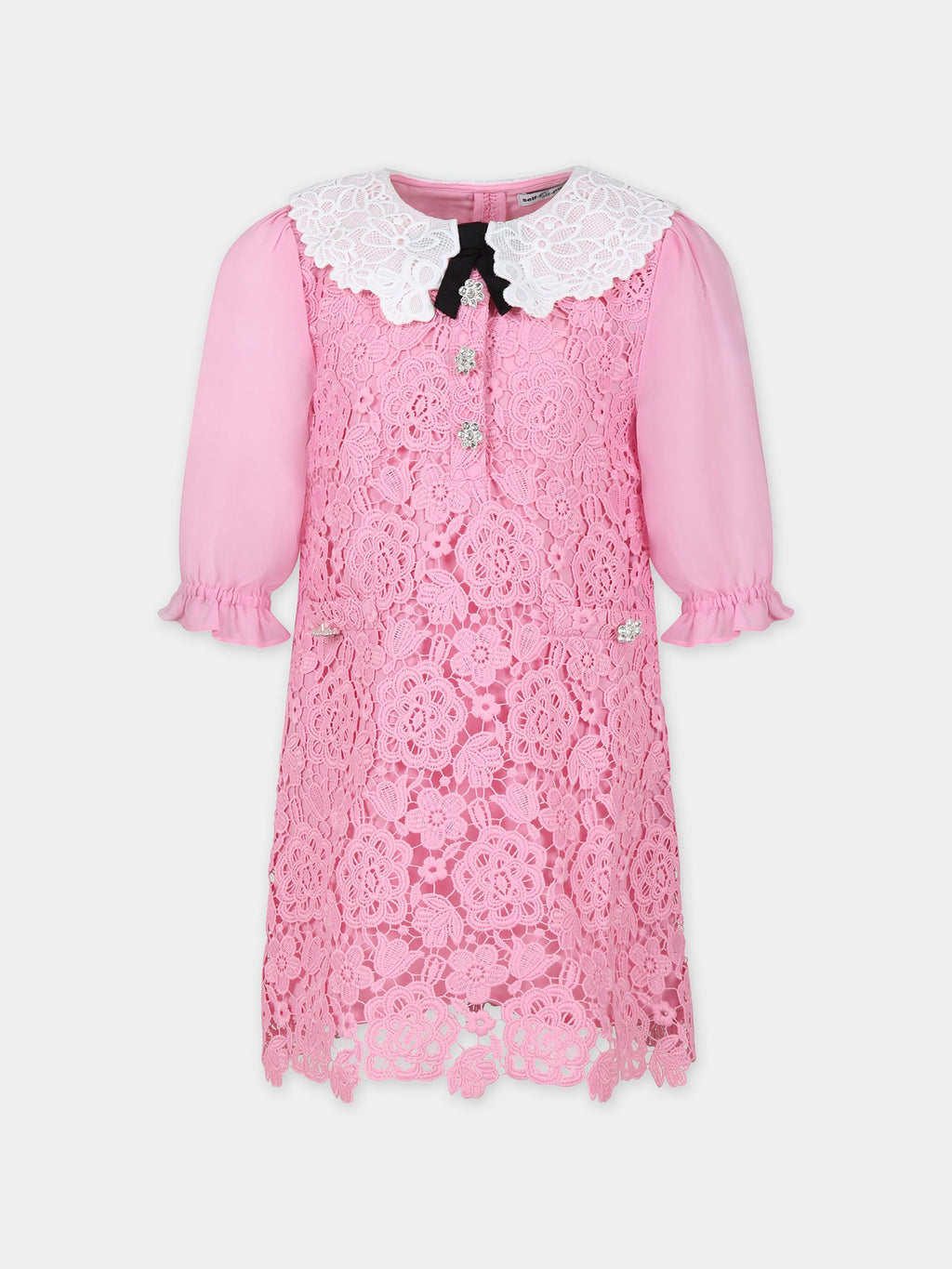 Pink elegant dress for girl in macramé lace